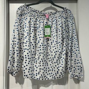 NWT Lilly Pulitzer Ladies Lou Lou Top Bennet Blue Polka Dot S Small